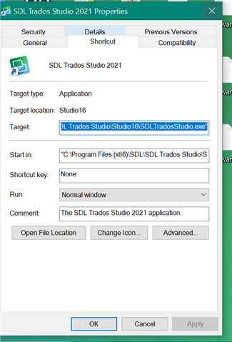 Properties window for SDL Trados Studio 2021 with 'Run: Normal window' selected in the dropdown menu under the Shortcut tab.