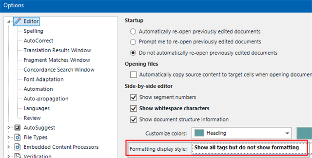 Trados Studio Options menu with Editor settings open, highlighting the Formatting display style option set to 'Show all tags but do not show formatting'.