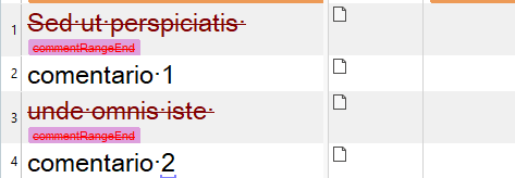 Screenshot of Trados Studio Editor showing text with tags 'commentRangeEnd' at the end of lines 1 and 3, and comments labeled 'comentario:1' and 'comentario:2' on lines 2 and 4 respectively.