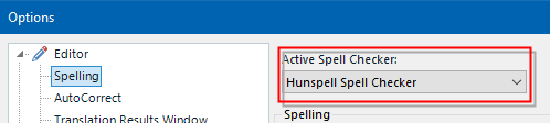 Trados Studio Options menu with Spelling selected, showing Active Spell Checker set to Hunspell Spell Checker.