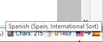 Mouse hovered over Spanish flag in Trados Studio showing 'Spanish (Spain, International Sort)' language pop-up.