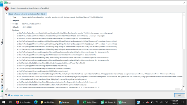 Error dialog in Trados Studio 2019 on Windows 10 displaying 'Object reference not set to an instance of an object' with a stack trace of the error's origin.
