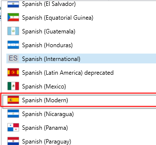 Trados Studio language selection menu with Spanish (International) highlighted and marked as not supported, and Spanish (Modern) indicated as an alternative.