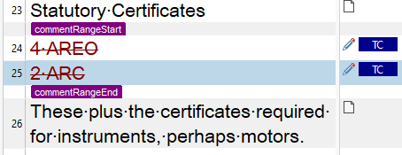 Screenshot of Trados Studio Editor showing text with comment tags labeled 'commentRangeStart' and 'commentRangeEnd' next to lines 23 and 25 respectively.