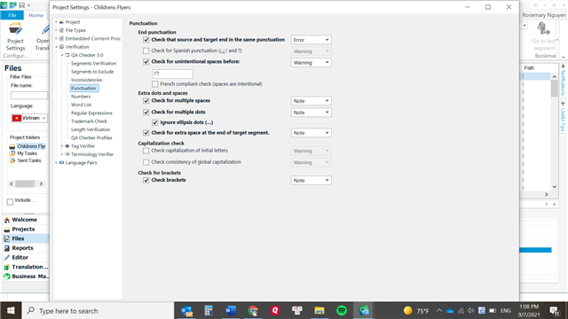 Screenshot of Trados Studio 2021 SR2 Project Settings for Childress Flyers showing Punctuation settings identical to the Options menu.