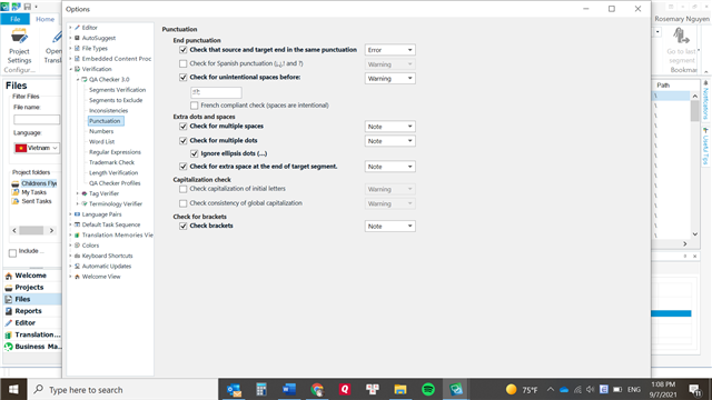Screenshot of Trados Studio 2021 SR2 Options menu showing Punctuation settings with 'Check punctuation source and target end in the same punctuation' set to Error.
