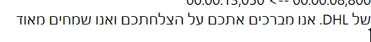 Close-up view of the .srt file text in Notepad highlighting the mix of Hebrew and Latin characters with the brand name 'DHL' in the wrong position.