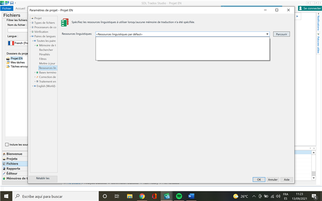 Trados Studio screenshot showing the Project Settings window with 'Language Pairs' selected and 'Segmentation Rules' tab open, displaying 'Default linguistic resources' with no other options available.