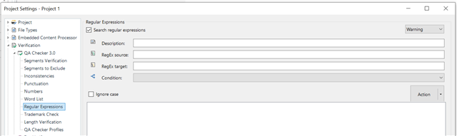 Trados Studio Project Settings window showing Regular Expressions tab with Action button visible.