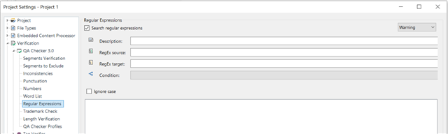 Trados Studio Project Settings window with Regular Expressions tab open and Action button missing after accessing QA Checker Profiles.