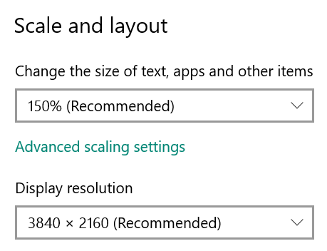 Screenshot of display settings showing 'Scale and layout' at 150% (Recommended) and 'Display resolution' at 3840 x 2160 (Recommended) for Display 2.