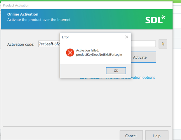 SDL Trados Studio activation error dialog box showing 'Activation failed. productKeyDoesNotExistForLogin' with an OK button.