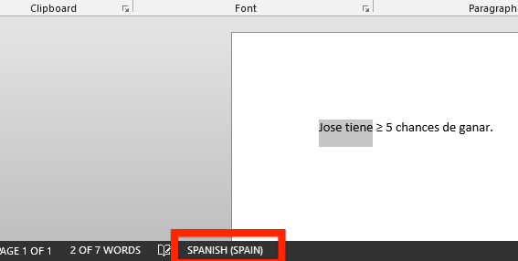 Screenshot showing a sentence in Spanish with the greater than or equal to symbol, correctly marked as Spanish (Spain).