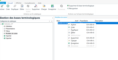 Trados Studio interface showing the 'Gestion des bases terminologiques' window with no visible drop down list on the Home tab.