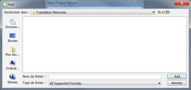 Screenshot of Trados Studio's 'Add' dialog box showing an empty 'Translation Memories' folder despite files being present.