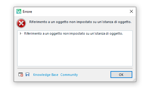 Error dialog box in Trados Studio with a red cross symbol, displaying the message 'Reference to an object not set to an instance of an object.' with options for Knowledge Base, Community, and OK button.