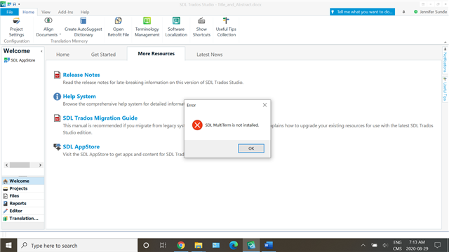 Trados Studio interface with an error message window in the foreground stating 'SDL MultiTerm is not installed' and an OK button.