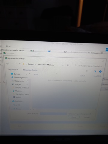 Trados Studio screenshot showing an 'Add files' dialog box with no files selected and a message stating 'No items match your search'.