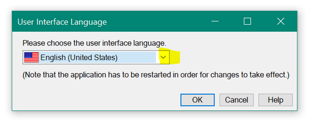 User Interface Language dialog box with a dropdown menu for selecting English (United States) as the interface language.