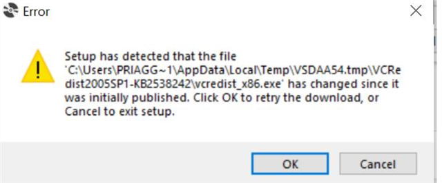 Error message during Trados Studio installation stating 'Setup has detected that the file vcredist_x86.exe has changed since it was initially published.' with options to retry or cancel.