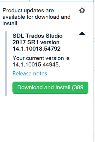 SDL Trados Studio update notification showing available update from version 14.1.10015.44945 to 14.1.10018.54792 with a 'Download and Install' button.
