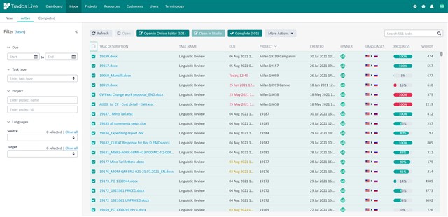 Screenshot of Trados Live interface showing a list of tasks with status indicators, some tasks are marked as incomplete despite the project completion date being in the past.
