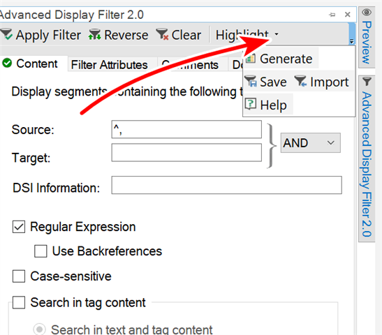 Screenshot of Trados Studio Ideas Advanced Display Filter 2.0 with a red arrow pointing to a small 'Save' arrow icon next to 'Generate' button.