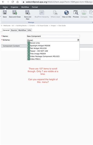 Screenshot of Trados Studio Ideas interface showing a small dropdown menu with 7 schema options visible and a note asking if the menu height can be expanded to show more items.