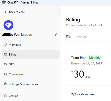 ChatGPT Admin Billing page showing a Team Plan costing  30 per seat monthly, with 2 out of 2 seats in use and renewal date of July 24, 2025.