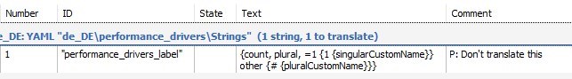 Screenshot of Trados Studio interface showing the performance_drivers_label string with a comment 'P: Don't translate this'.
