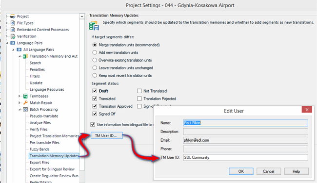 Trados Studio Project Settings window showing Translation Memory Updates section with TM User ID highlighted and Edit User dialog box open displaying user information for Paul Filkin.