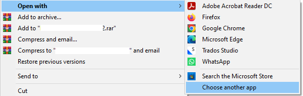 Context menu in Windows File Explorer showing the 'Open with' option selected, with a submenu listing apps including Trados Studio and 'Choose another app' highlighted.
