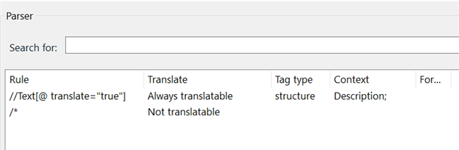 Trados Studio Parser settings showing a rule for extracting text with attribute translate='true' as always translatable and tagged as structure.
