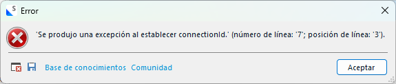 Error dialog box with a red cross icon, text reads 'Se produjo una excepcion al establecer conexion' with line and position numbers.