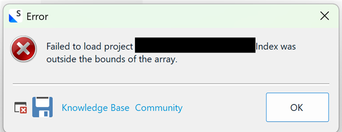 Error dialog with message: Failed to load project. Index was outside the bounds of the array. Includes OK button and links to Knowledge Base and Community.