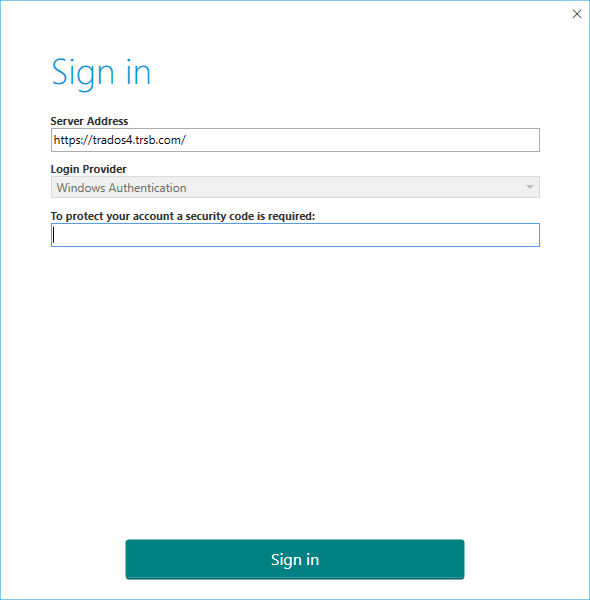 Sign in screen with fields for server address, login provider set to Windows Authentication, and a message stating 'To protect your account a security code is required.'