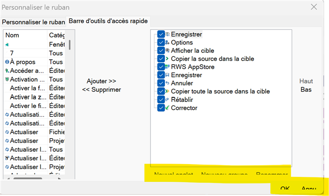 Trados Studio customization window showing ribbon options and quick access toolbar settings with highlighted buttons for adding and removing items.