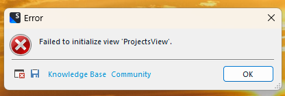 Error message in Trados Studio 2022: 'Failed to initialize view ProjectsView' with options for Knowledge Base, Community, and an OK button.