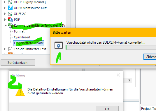 Trados Studio screenshot showing an error message 'Die Dateityp-Einstellungen fur die Vorschaudatei konnen nicht gefunden werden' while trying to open a CSV file.