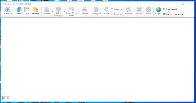 Screenshot of NAPS2 software interface with options to scan, OCR, import, save as PDF, save images, send via email, print, rotate, crop, brighten, delete, and change language.