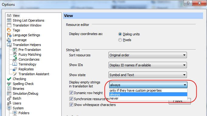 Trados Studio View options window showing 'Display empty strings in translation list' set to 'always'.