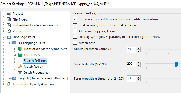 Screenshot of Trados software showing Project Settings with Search Settings expanded, highlighting the 'Minimum match value %' set to 70.