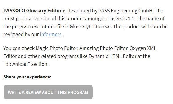 Screenshot of a webpage with information about PASSOLO Glossary Editor by PASS Engineering GmbH, mentioning version 1.1 and GlossaryEditor.exe, with a 'Write a review about this program' button.