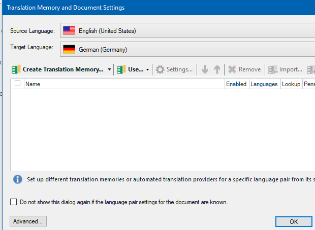 Trados Studio dialog box for Translation Memory and Document Settings showing source language as English (United States) and target language as German (Germany).