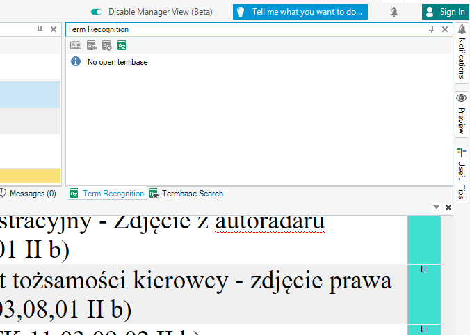 Trados Studio translation workspace with a Term Recognition pane displaying a 'No open termbase' error message.