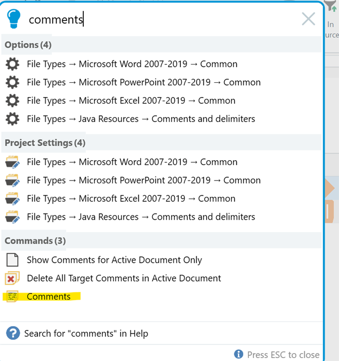 Search window showing results for 'comments' with options for file types, project settings, and commands, including a highlighted 'Comments' command.