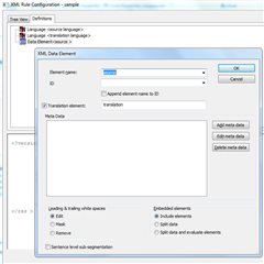 Trados Studio XML Data Element configuration dialog box with options for Element Name, Translation Element, and Meta Data.