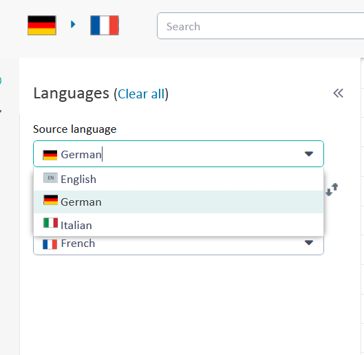 Dropdown menu showing source language options with German selected, and English, Italian, and French listed below.