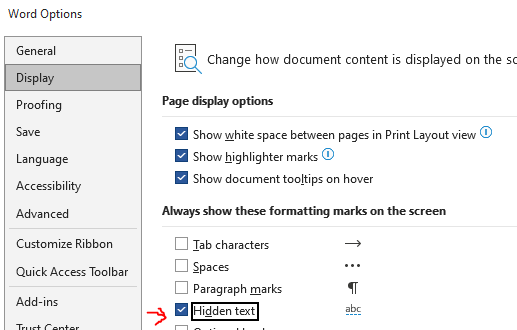 MS Word 'Word Options' dialog box with 'Display' tab open and 'Hidden text' checkbox selected.