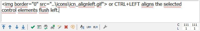 Trados Studio editor displaying an image tag with 'border' and 'src' attributes, and a note indicating CTRL+LEFT aligns control elements flush left.